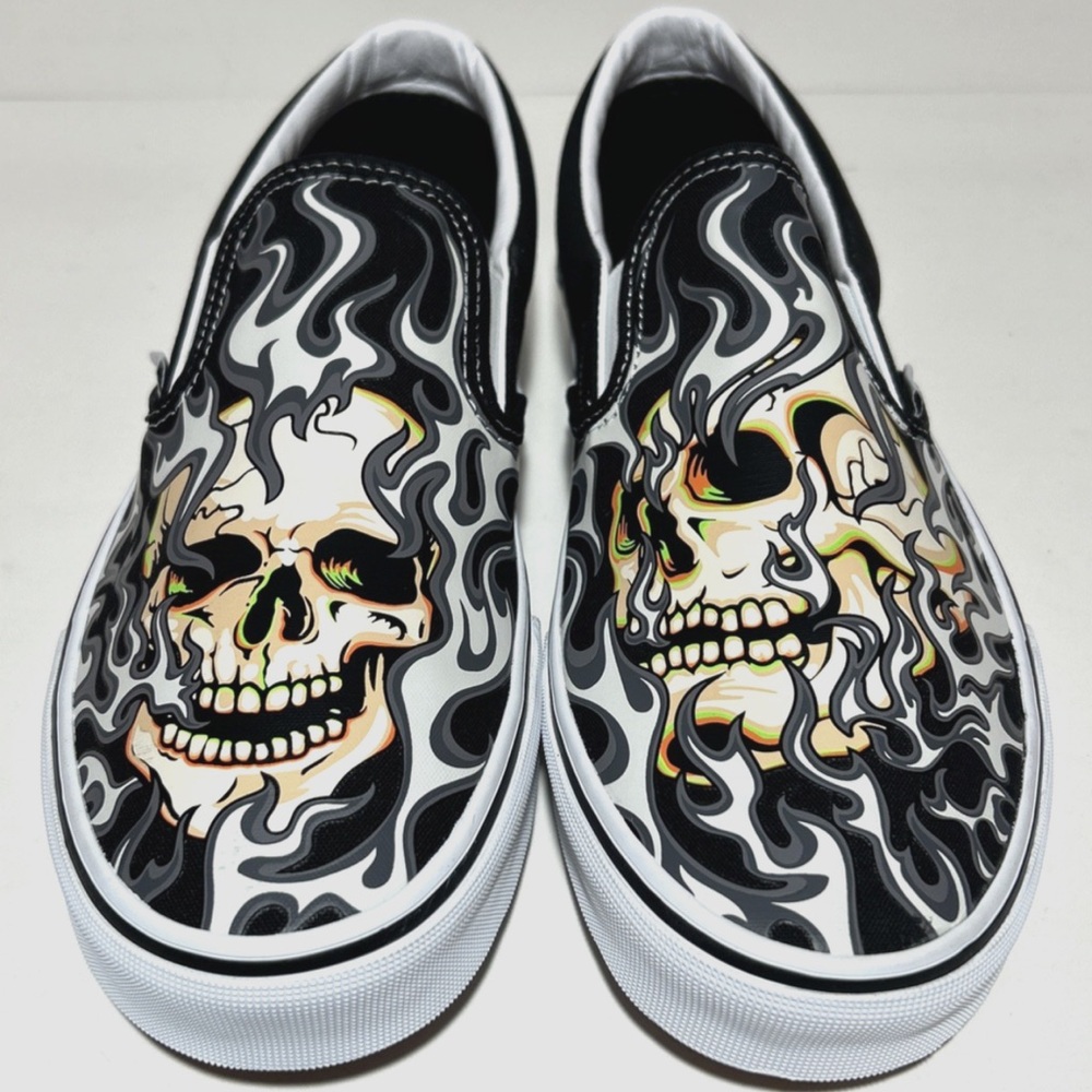 VANS Men’s Slip On Flame Skull Mens Black White Tattoo Art Sneakers - Picture 9 of 16